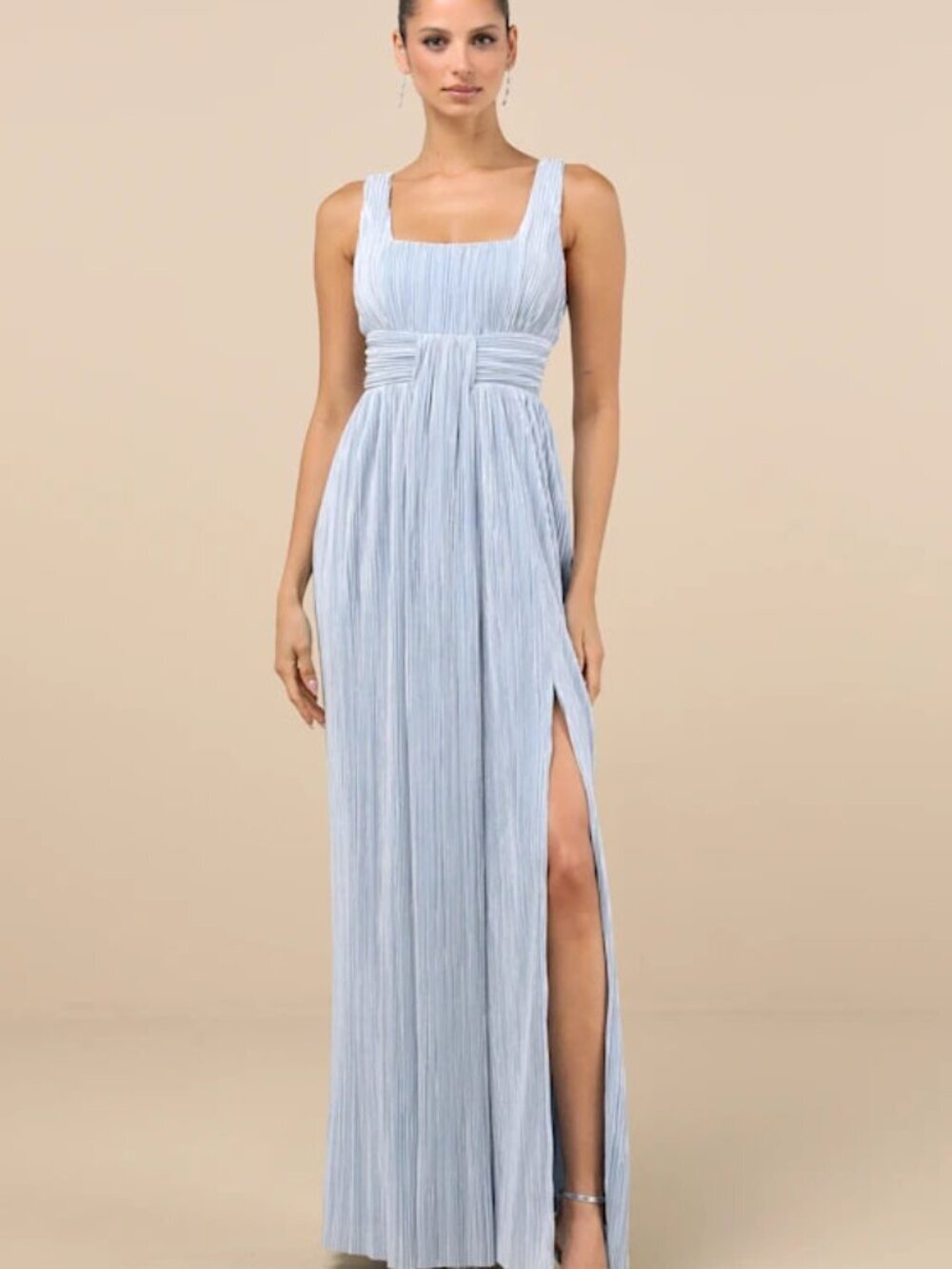 NWT Ameena Light Blue Plisse Square Neck Sash Maxi Dress - Picture 5 of 10